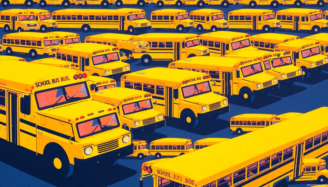A vibrant, abstract silkscreen print featuring a repeated icon of a damaged school bus, conveying the emotional impact of the incident on the local community.