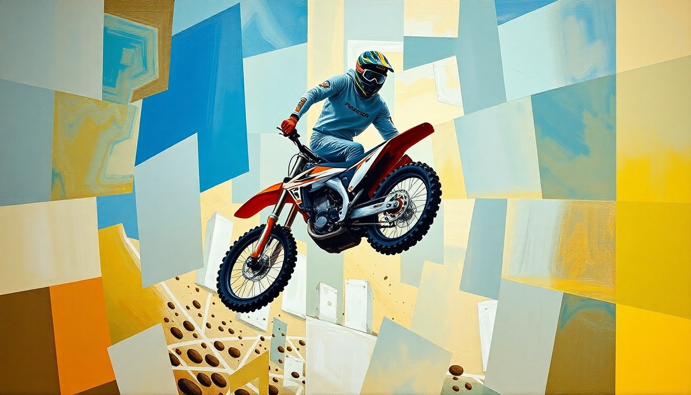 A cubist-style painting featuring a motocross rider broken down into sharp, overlapping geometric shapes, with a focus on the injured hip and leg, conveying the physical challenges faced by these athletes.