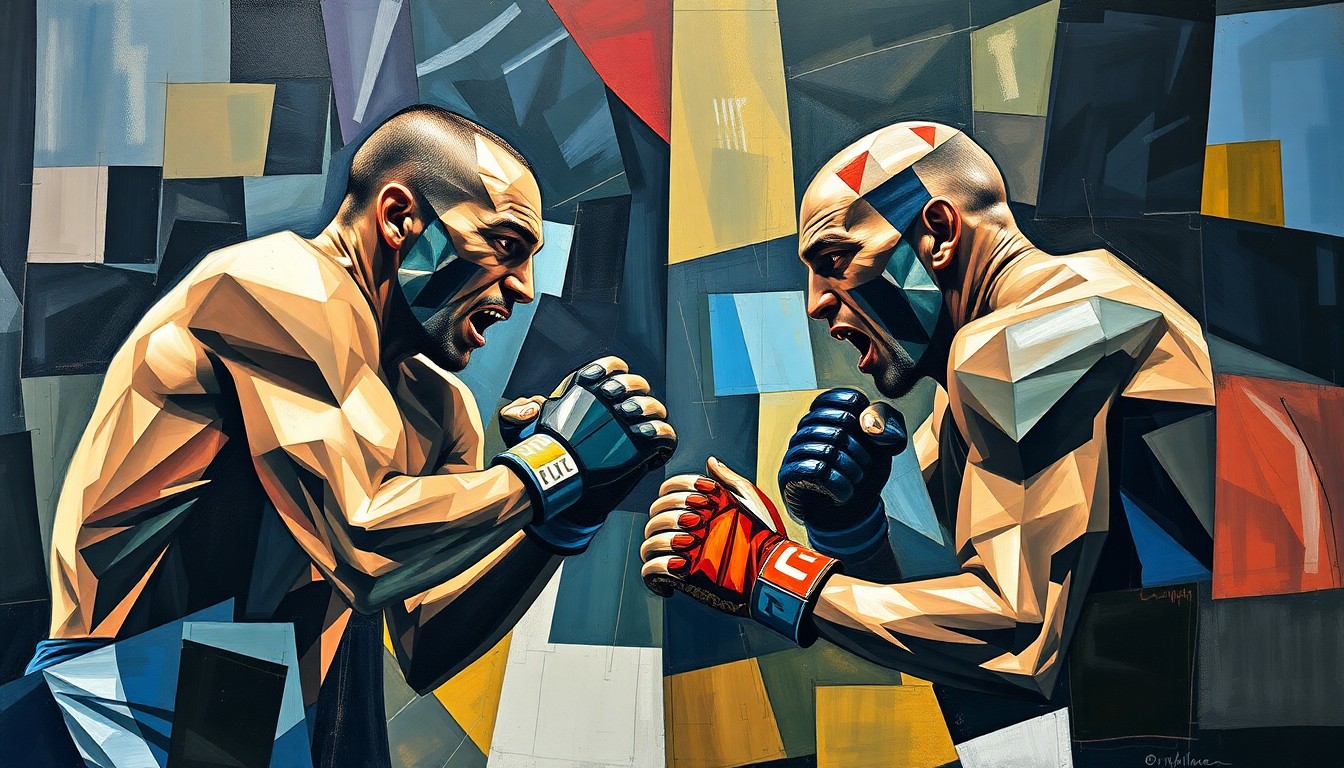 A fragmented, geometric painting depicting the dynamic movements and collisions of two MMA fighters engaged in a fierce match, conveying the visceral nature of the sport.