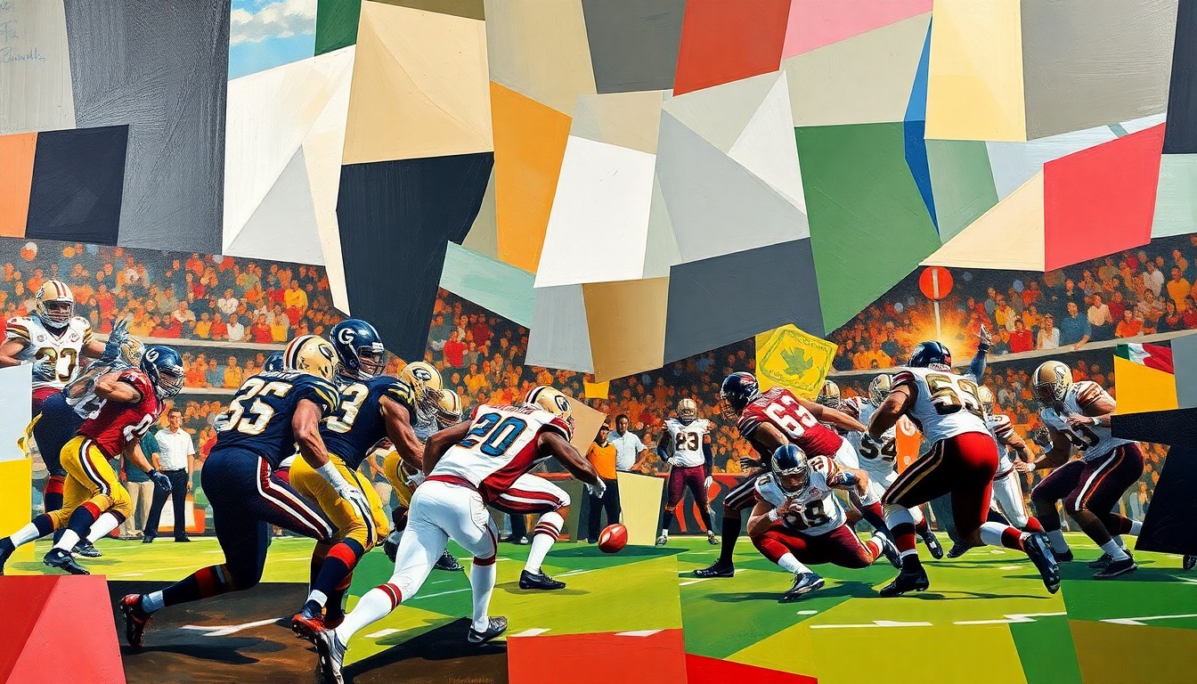 A fractured, geometric painting depicting the dynamic movements and competitive spirit of a football game, with sharp, overlapping planes and a focus on the players' actions rather than any specific identifiable elements.