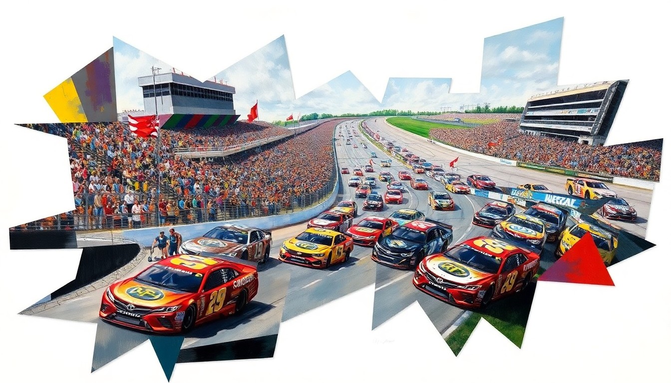 A dynamic, abstract painting featuring sharp, overlapping geometric planes in vibrant colors, representing the fractured, multi-perspective action of a NASCAR race at Darlington Raceway.