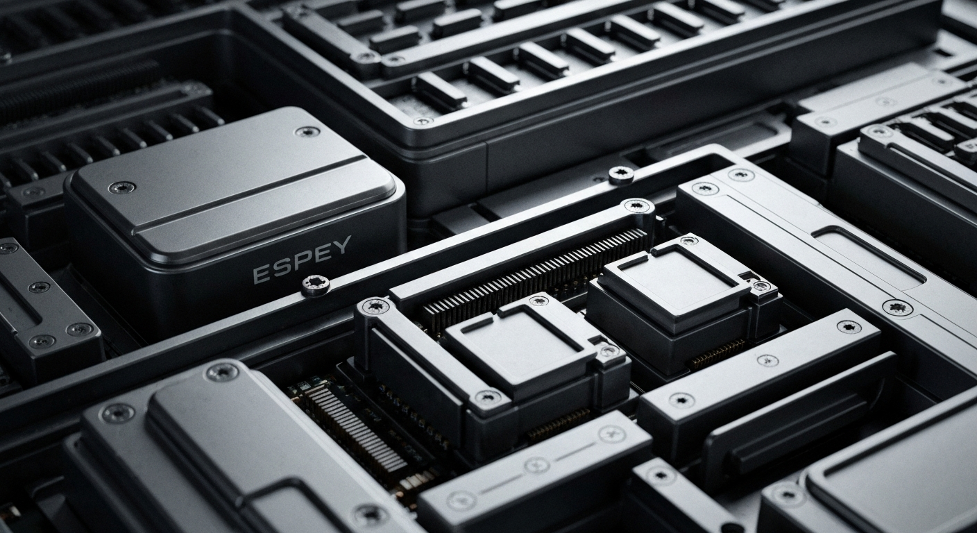 An extreme close-up of intricately designed defense electronics components in shades of grey, copper, and black, conveying the precision engineering behind Espey's products.