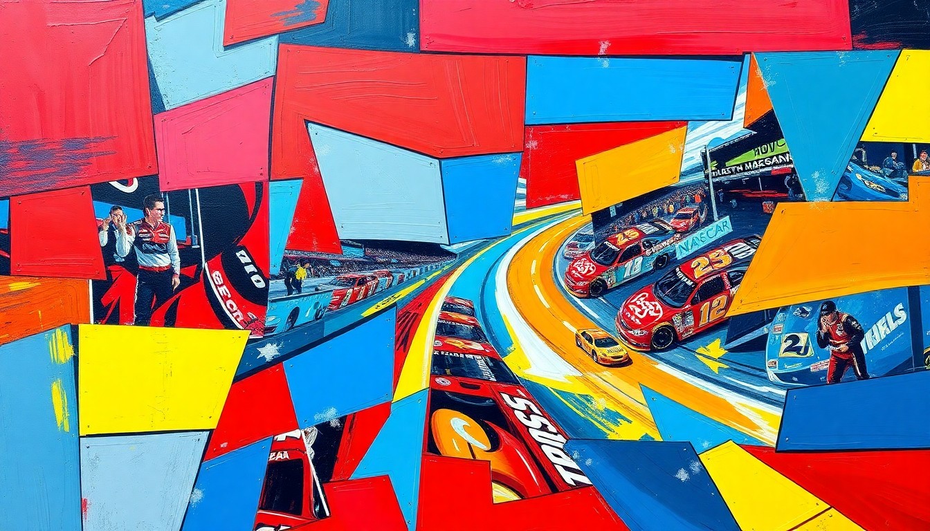 A cubist-style painting featuring overlapping geometric shapes and planes in bright primary colors, capturing the dynamic motion and energy of a NASCAR race scene without any identifiable elements.