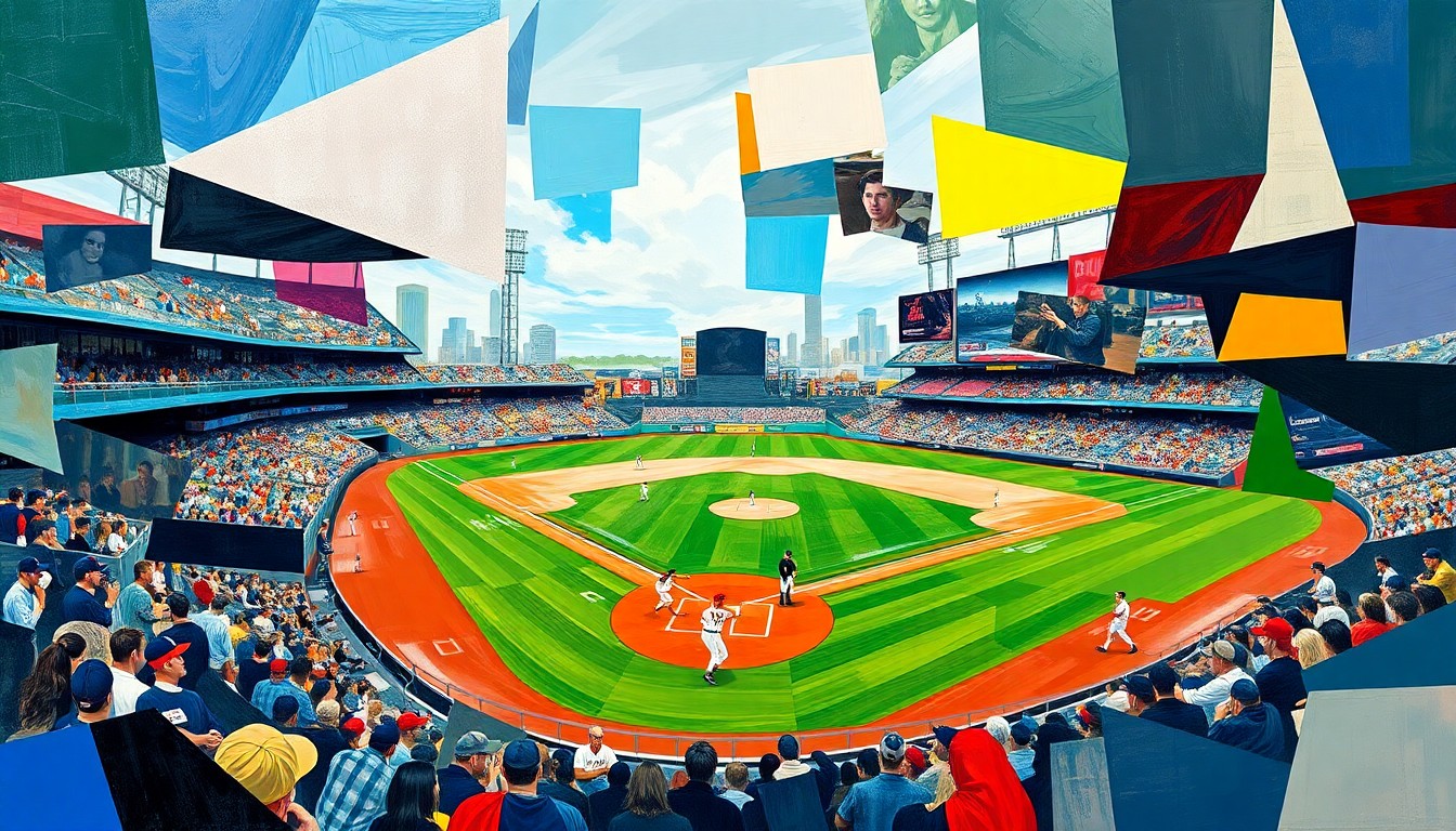 A cubist-style painting depicting a baseball game or match, with the players and field broken down into abstract geometric shapes and planes of color, capturing the dynamic energy and multiple perspectives of the sport.