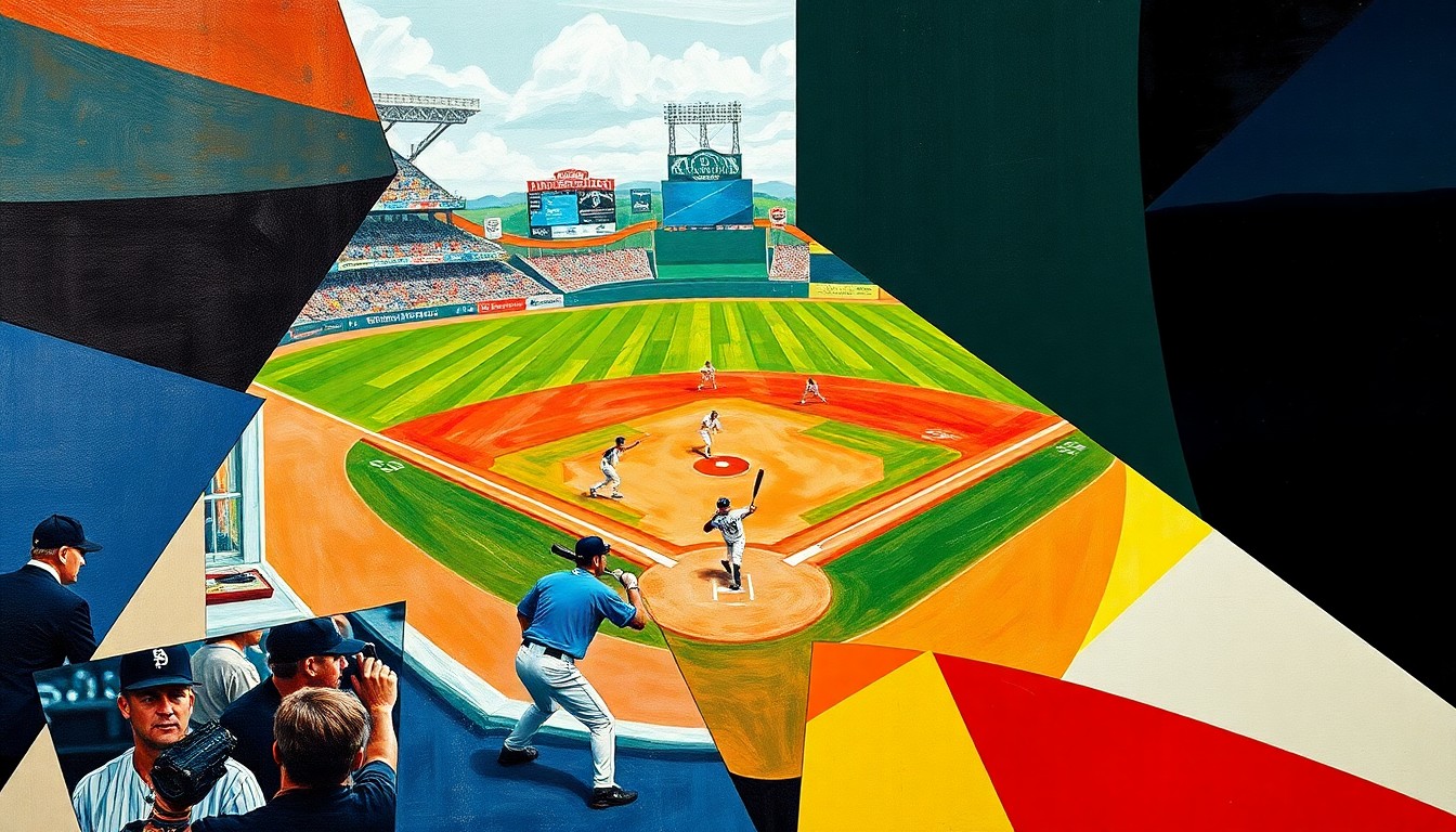 A cubist, geometric painting depicting a baseball game or match, with the players and field abstracted into sharp, overlapping planes of color and angular shapes, capturing the chaotic and unpredictable nature of the sport.