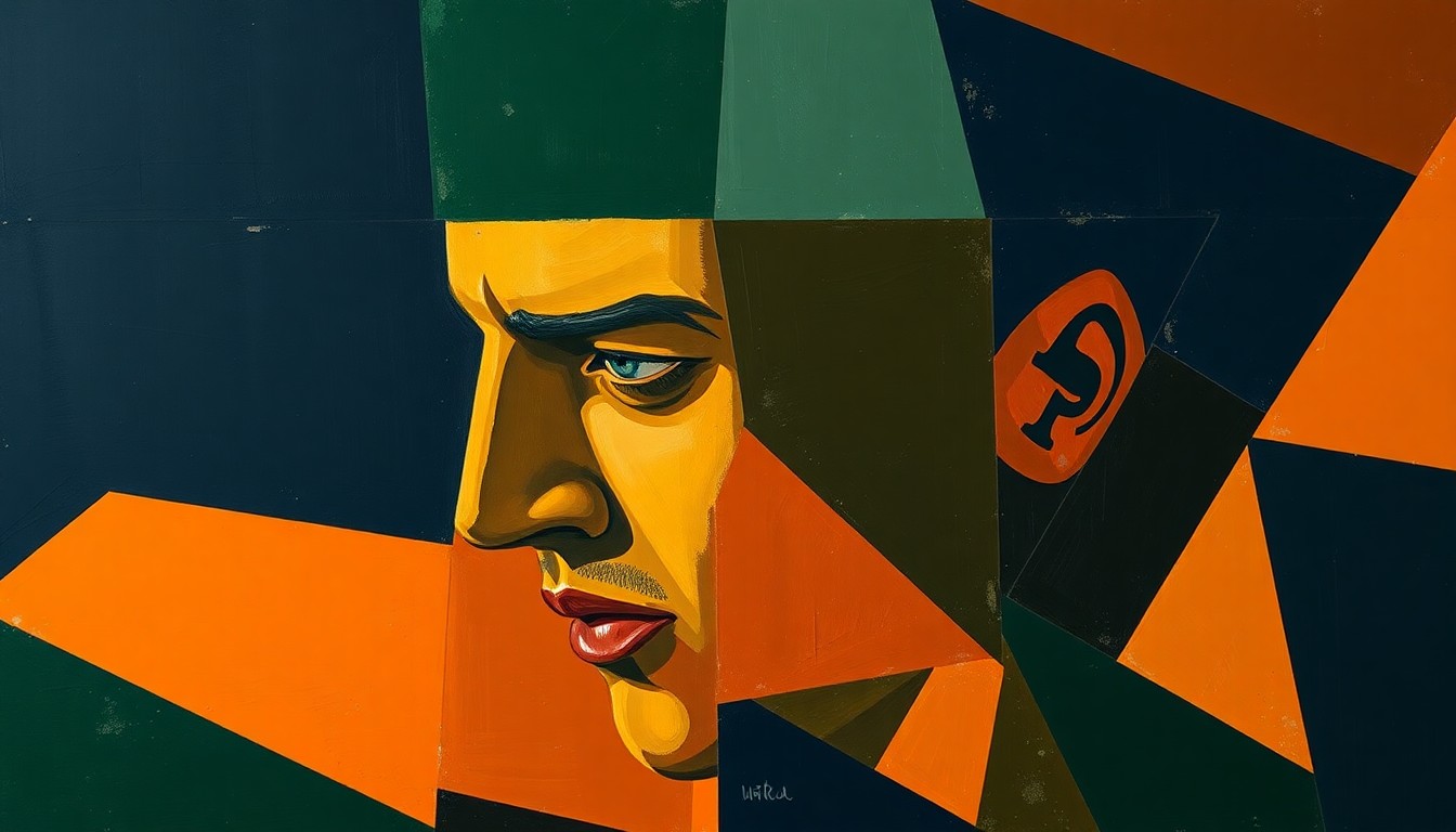 A fragmented, geometric painting depicting a football player's rehabilitation process, with sharp, overlapping planes in muted tones of navy, forest green, and burnt sienna, conveying the multifaceted nature of the story.