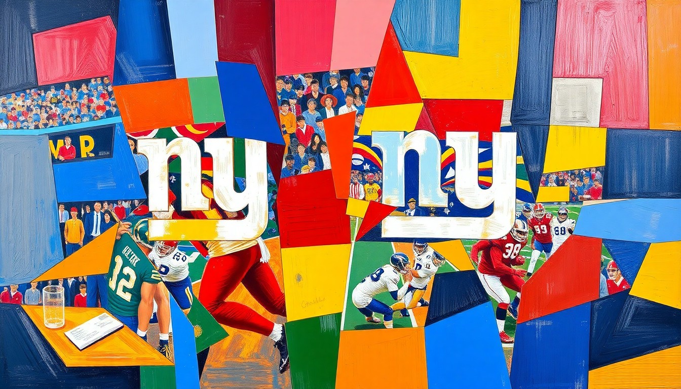 A fractured, cubist-style painting depicting a football game or draft scene, with sharp geometric shapes and planes in vibrant colors like blue, red, and gold, representing the New York Giants' strategic approach to the upcoming NFL Draft.