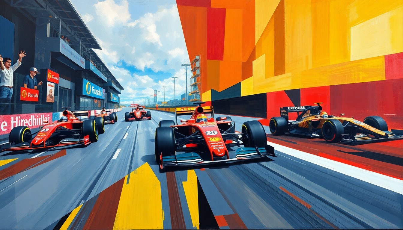 A cubist, geometric painting depicting a Formula 1 race, with the cars and track broken down into sharp, overlapping planes of color, conveying the sport's shift towards energy management over pure driving talent.