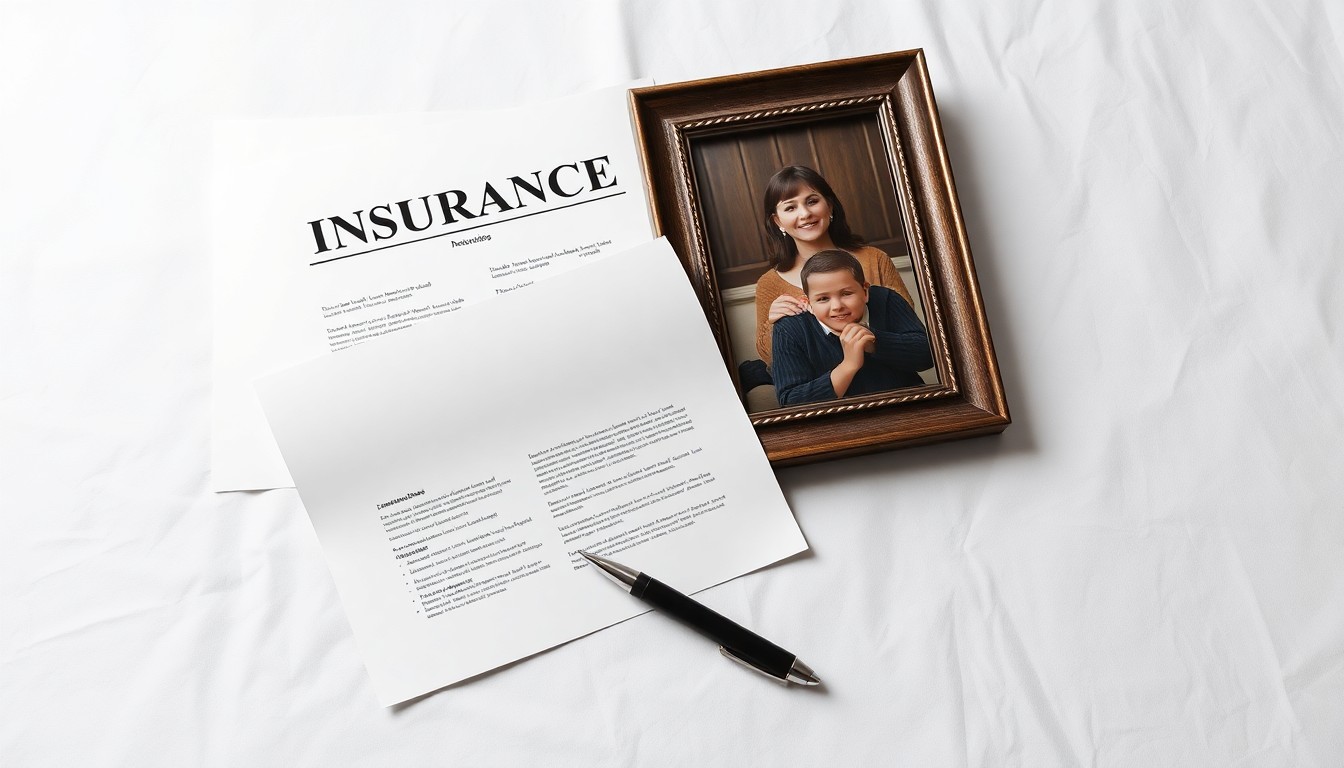 A photorealistic studio still life featuring a stack of insurance documents, a pen, and a family photo frame arranged on a clean, white background, symbolizing the emotional and financial challenges of navigating insurance disputes.