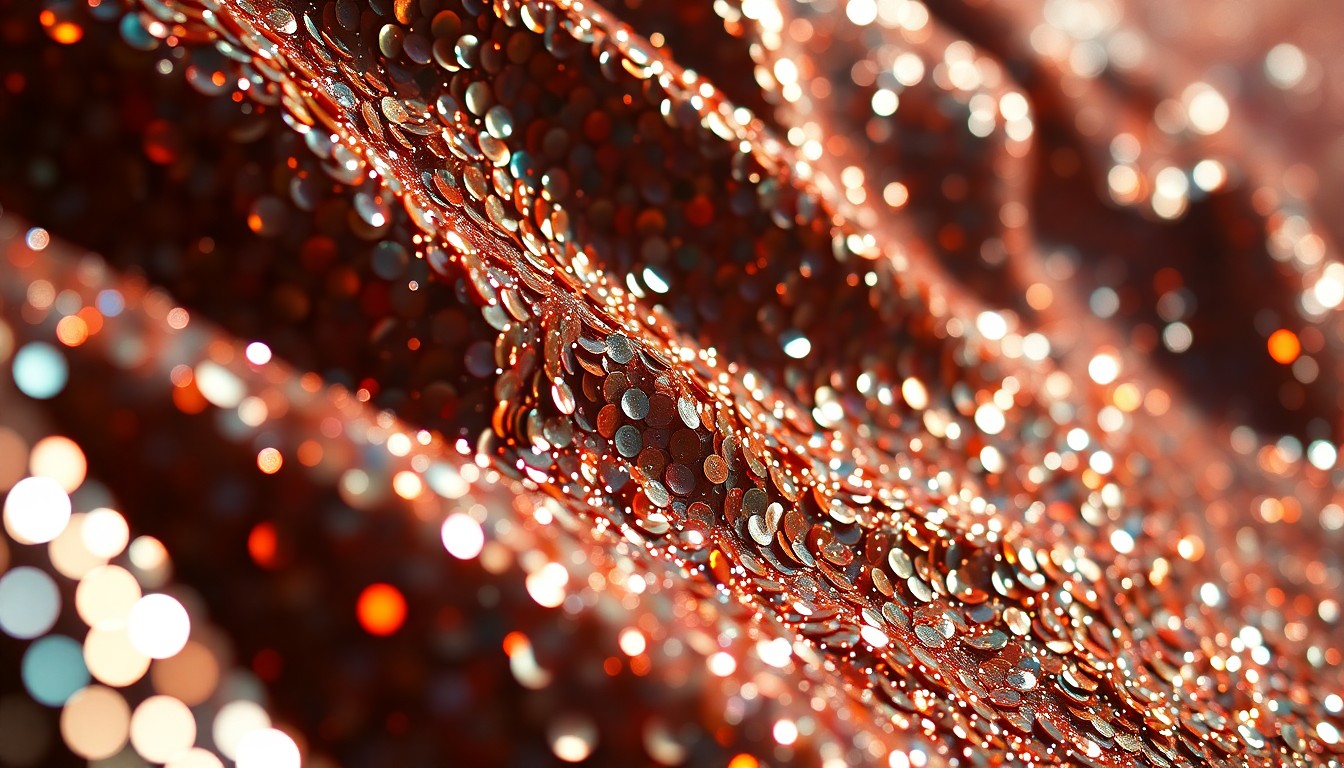 An abstract close-up photograph featuring shimmering, glittering textures in dramatic studio lighting, conceptually representing the glamour and excitement of Karol G's historic Coachella headlining performance.