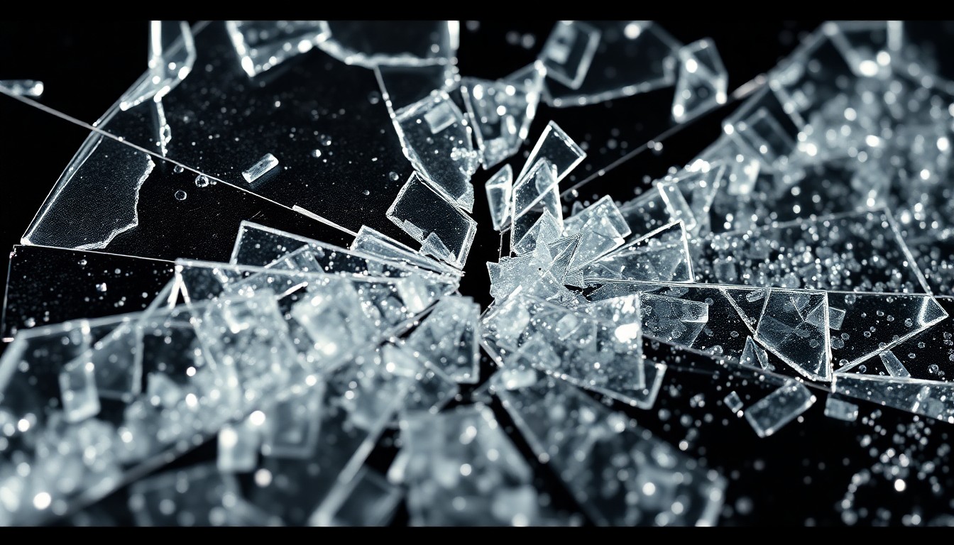 An abstract close-up image of shattered glass and glittering sequins, captured in high-contrast studio lighting to convey the emotional turmoil of the Emmerdale storyline.