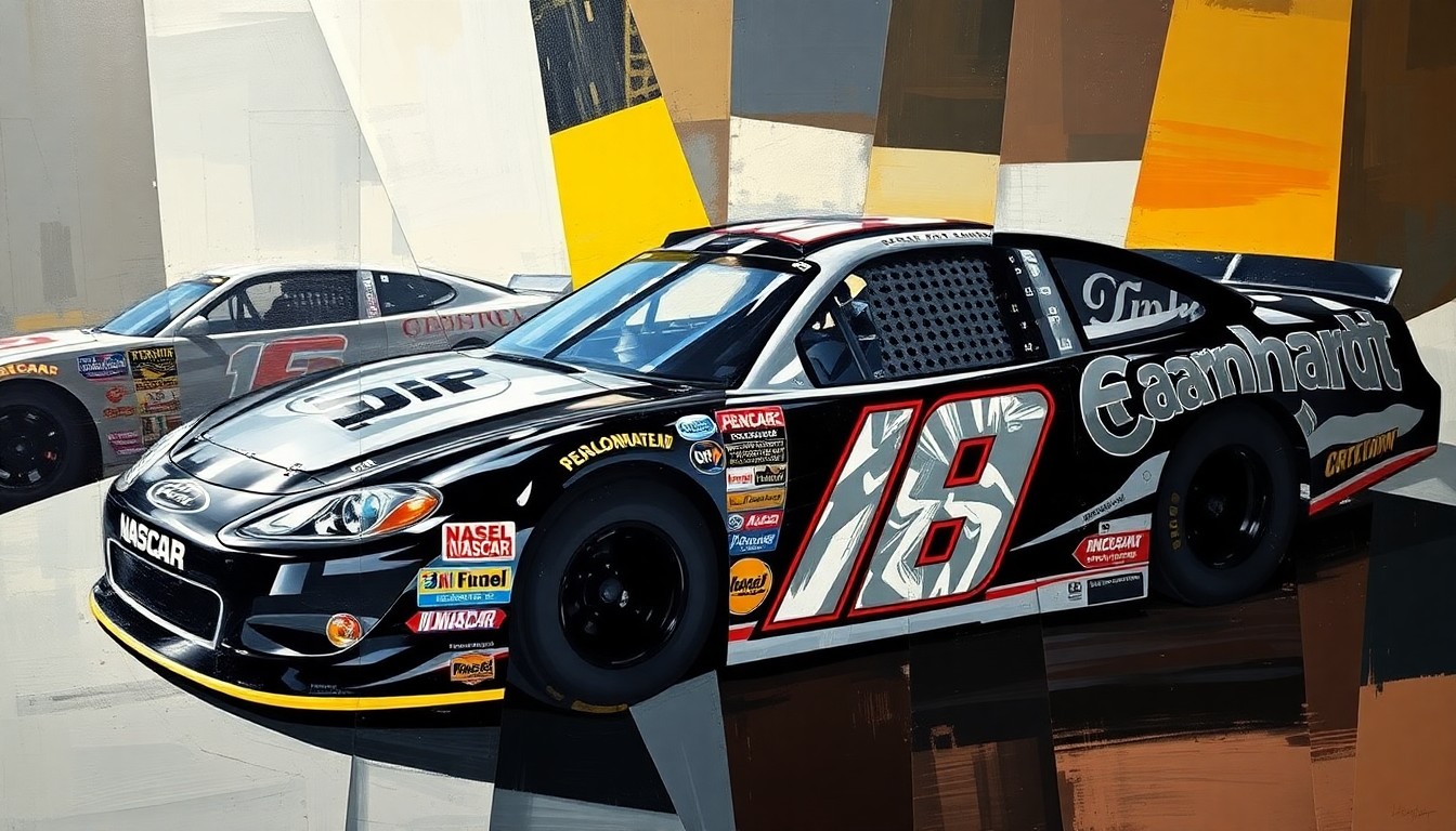A cubist, geometric painting depicting a fragmented NASCAR race scene, with the car's iconic black and silver paint scheme representing Dale Earnhardt's legacy, but the driver's identity obscured and abstracted, conceptually illustrating the controversy over NASCAR's tribute.