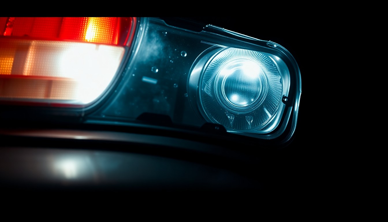 An extreme close-up photograph of a damaged car part, such as a broken taillight or crumpled fender, lit by a harsh, direct camera flash against a pitch-black background, conceptually illustrating the aftermath of a serious car accident.