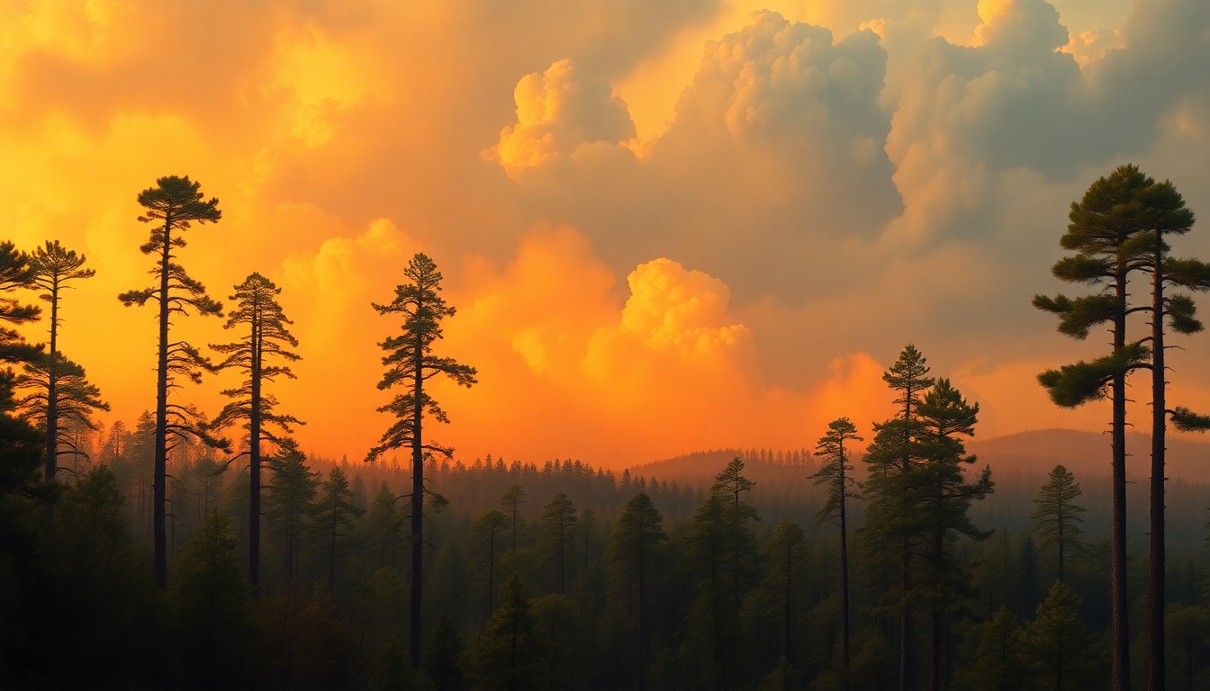 A sweeping, atmospheric landscape painting in muted earth tones, with towering pine trees and dense foliage dwarfed by the overwhelming scale of the natural scene, which is bathed in a hazy, golden-orange glow from a distant wildfire.