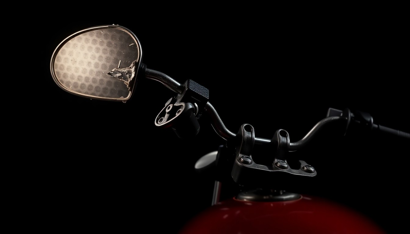 An extreme close-up of a damaged motorcycle part, such as a broken mirror or twisted handlebar, lit by a harsh, direct camera flash against a pitch-black background, conceptually illustrating the aftermath of a fatal motorcycle accident.