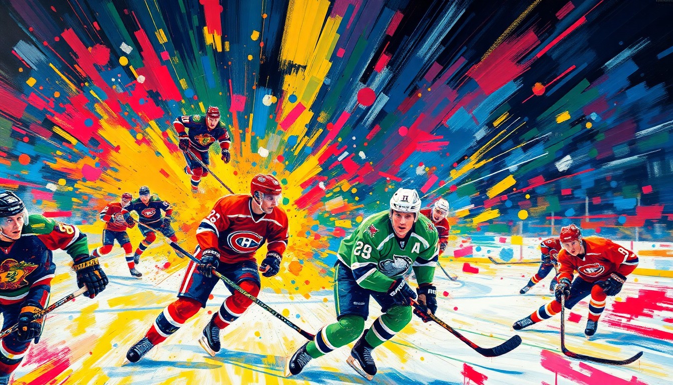 An abstract, expressionist painting in vibrant neon colors, capturing the dynamic movement and energy of a hockey game, with players' forms dissolving into a blur of rapid brushstrokes.