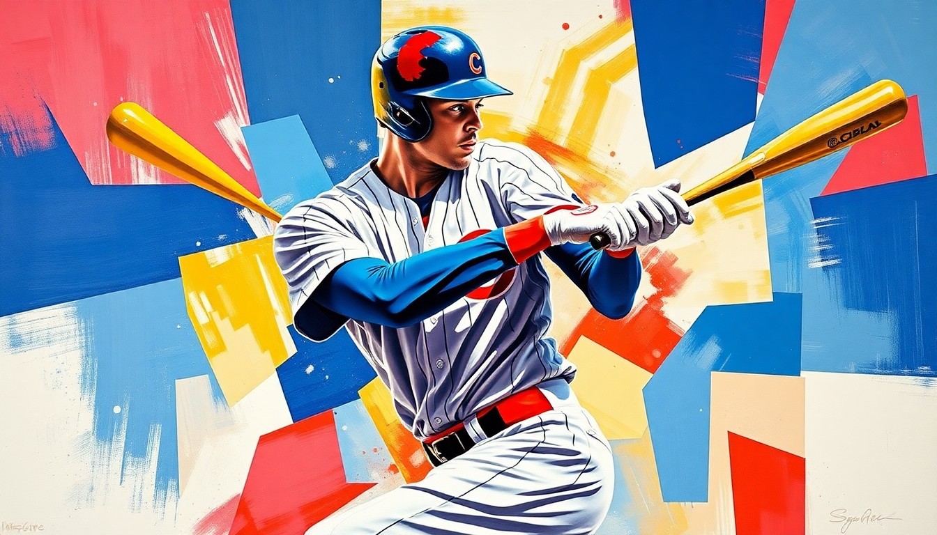 A cubist, geometric painting depicting a baseball player's swing broken down into sharp, overlapping planes of navy blue, red, and white, capturing the dynamic energy and promise of a rising young star.