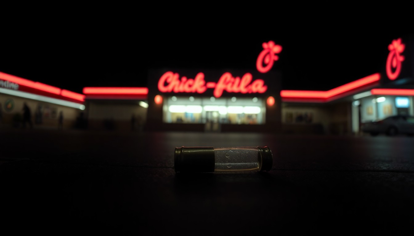An extreme close-up photograph of a spent bullet casing on the floor, capturing the stark, gritty aftermath of a targeted shooting incident.