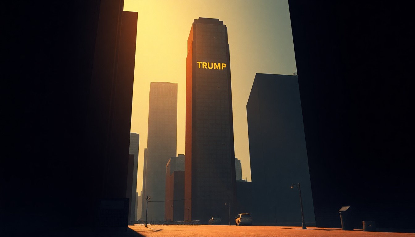 A cinematic painting of a solitary skyscraper with Trump's name prominently displayed, bathed in warm, diagonal sunlight and deep shadows, conceptually representing the grand vision and enduring impact of the former president's political legacy.