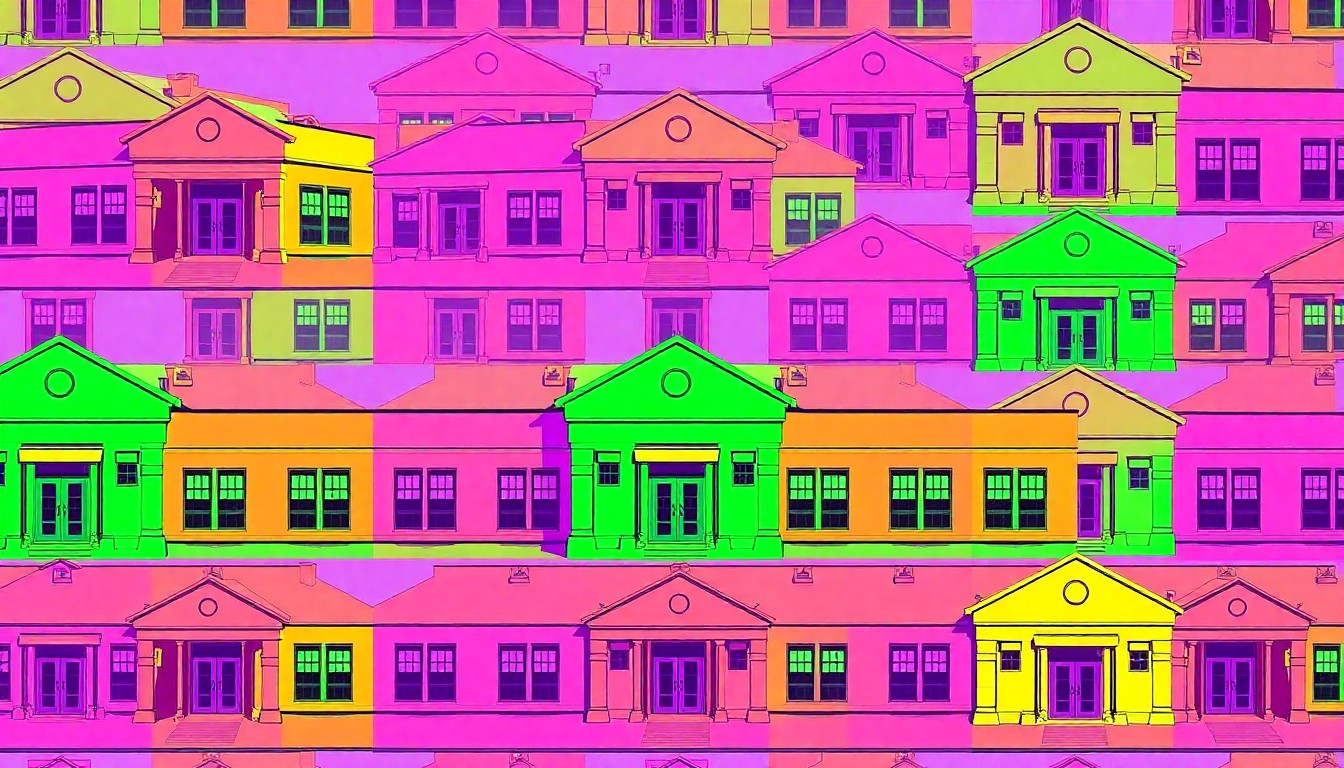 A brightly colored, high-contrast silkscreen print of a single, iconic school building repeated in a tight grid pattern, utilizing flat, vibrant neon color palettes and heavy black photographic outlines to transform the everyday structure into modern pop art.
