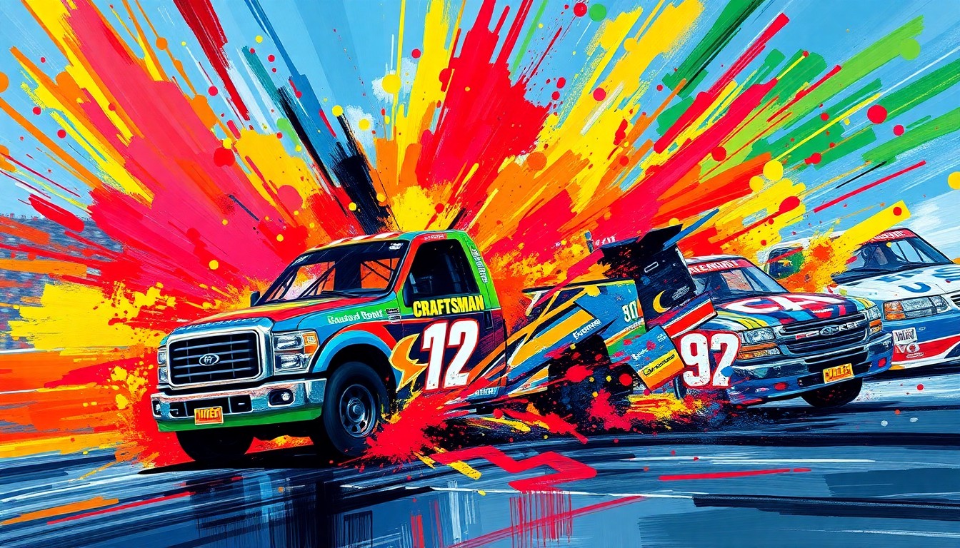 An extreme close-up of a crumpled, twisted truck frame in a blur of neon orange, yellow, and red paint strokes, conceptually representing the explosive crash and aftermath of the NASCAR Craftsman Truck Series race at Bristol Motor Speedway.
