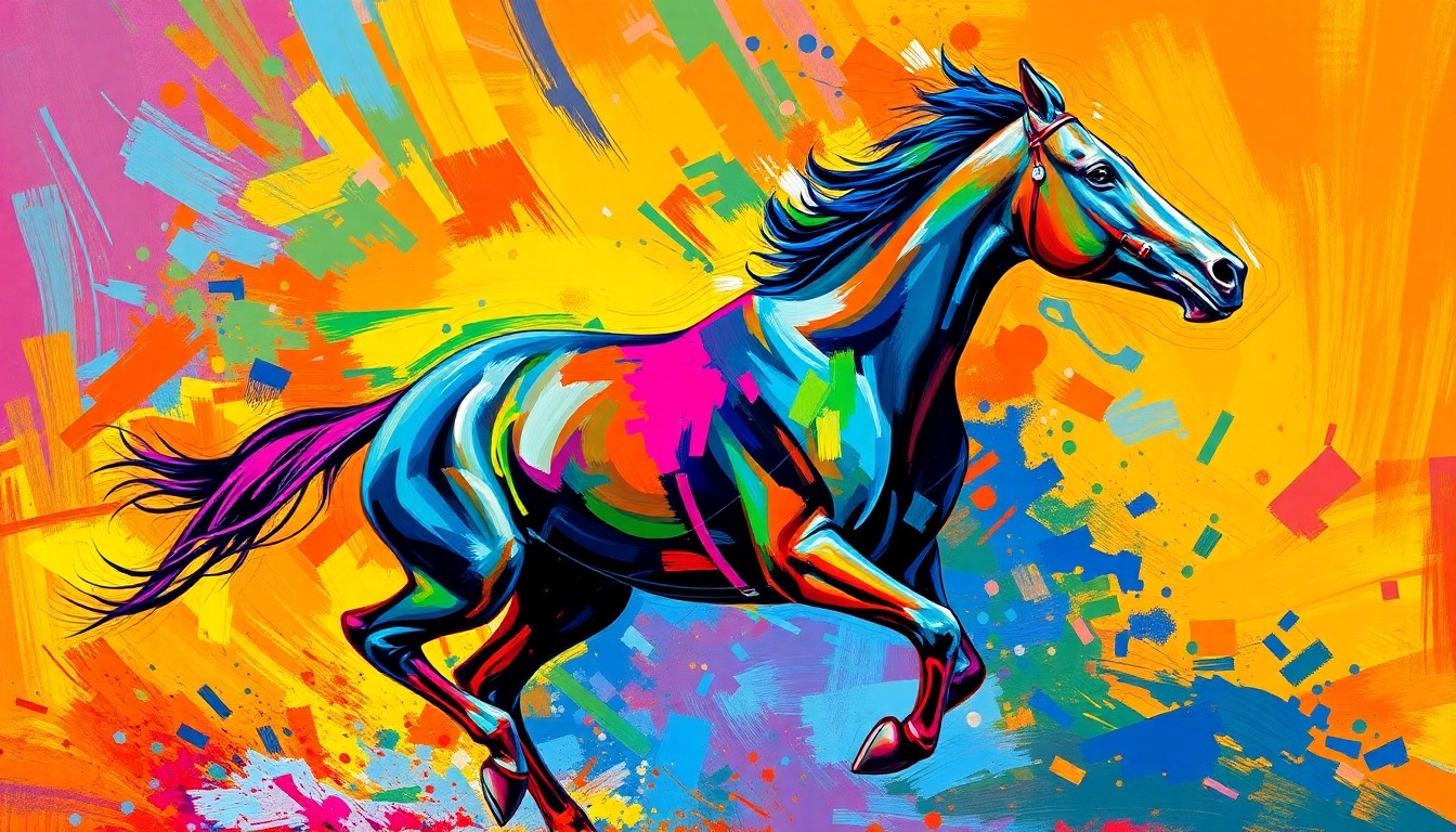 An abstract, expressionist painting in neon colors capturing the powerful, energetic movement of a young racehorse galloping with a sense of raw athleticism and unbridled potential.