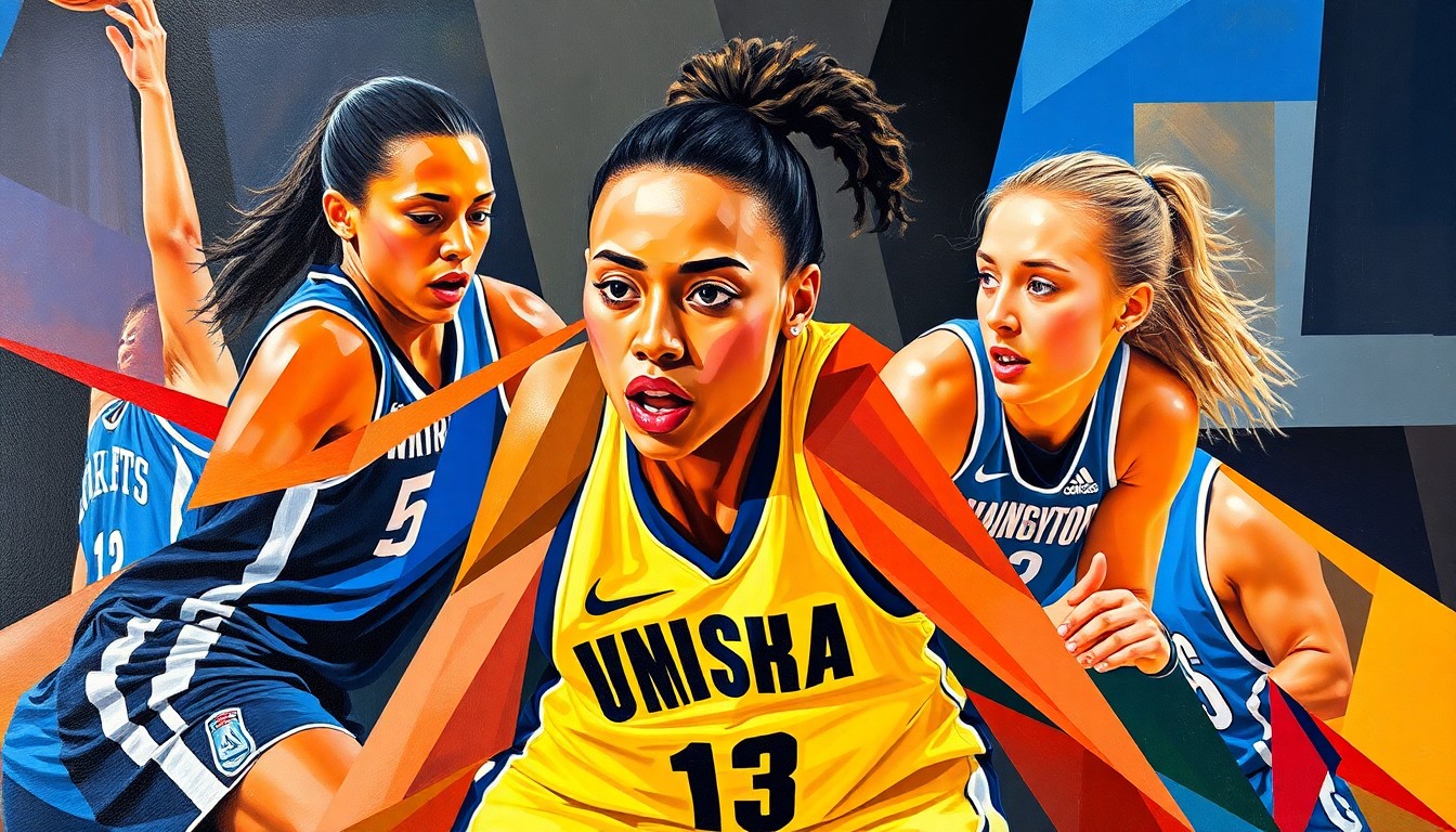 A cubist-style painting depicting a WNBA player in the midst of a defensive play, with their body and the basketball court broken down into sharp, overlapping geometric shapes in vibrant colors.