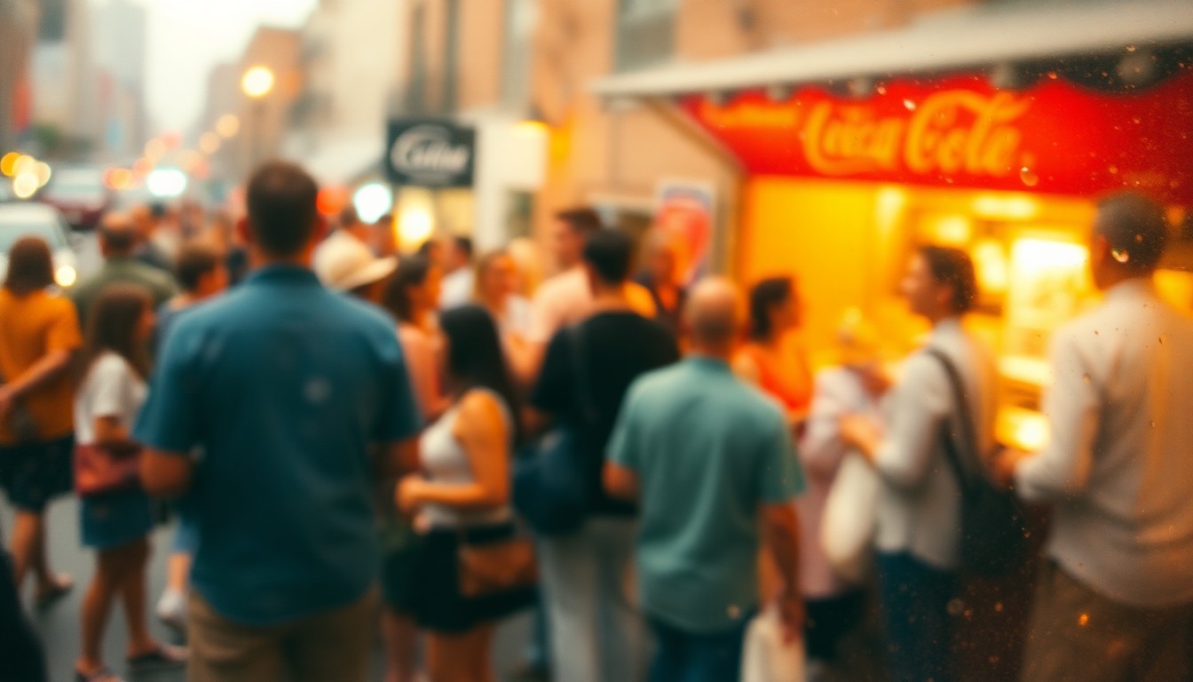 An extremely abstracted, out-of-focus photograph in warm tones depicting a blurred scene of people enjoying a lively community gathering in an urban setting, conceptually representing the celebratory energy of a neighborhood milestone.