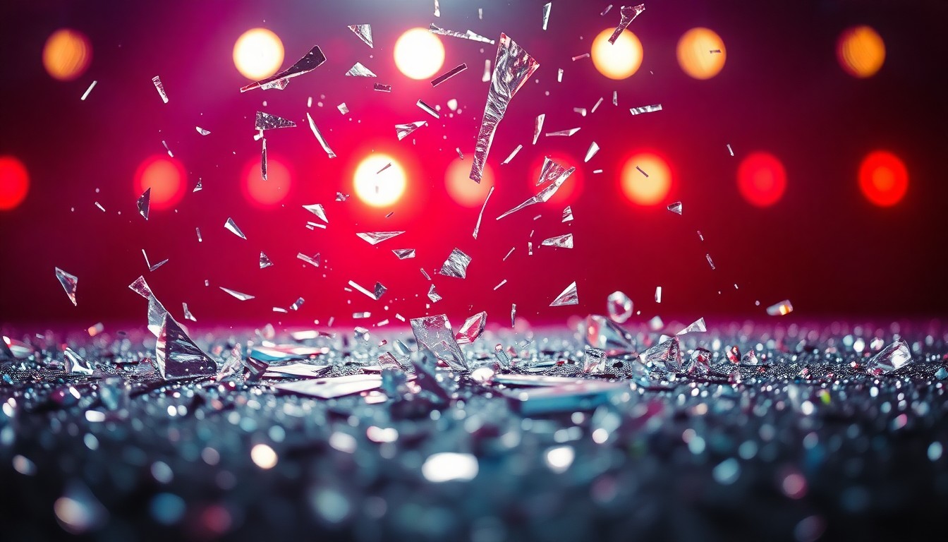 An extreme close-up of shattered glass reflecting a faint red light, conceptually illustrating the raw, unfiltered energy of punk rock.