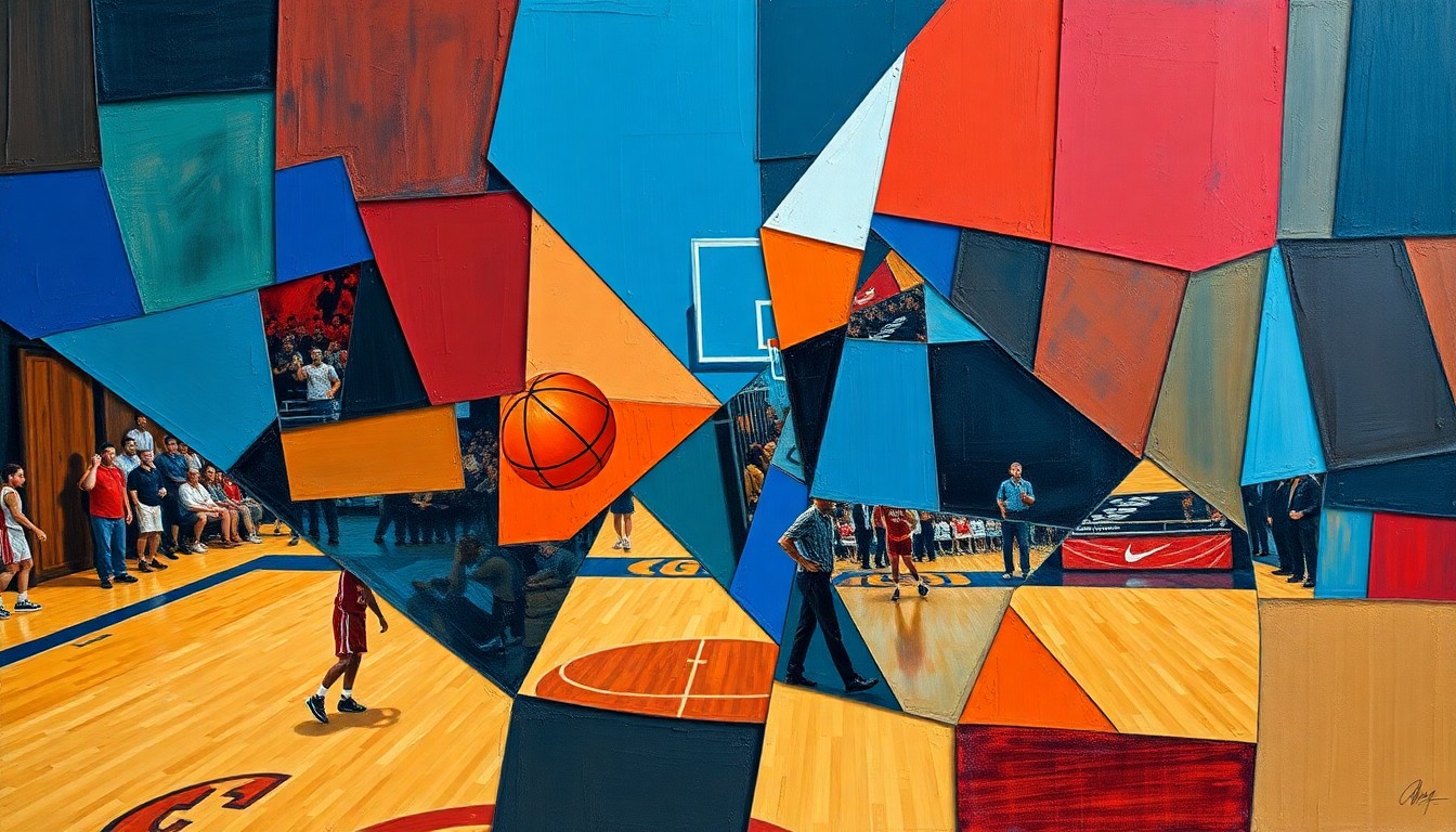 A fractured, geometric painting in shades of blue, red, and brown, depicting an abstract basketball scene with overlapping planes and fragmented forms, conveying the complexity of college-to-pro coaching transitions.