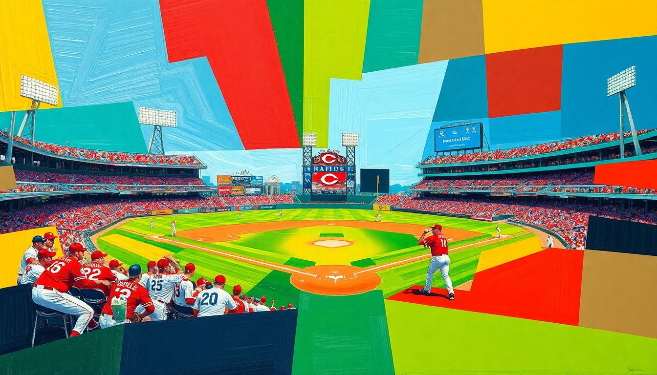 A fractured, geometric painting in vibrant Reds colors depicting the dynamic movements and energy of a baseball game or match, with players and field elements deconstructed into overlapping planes.
