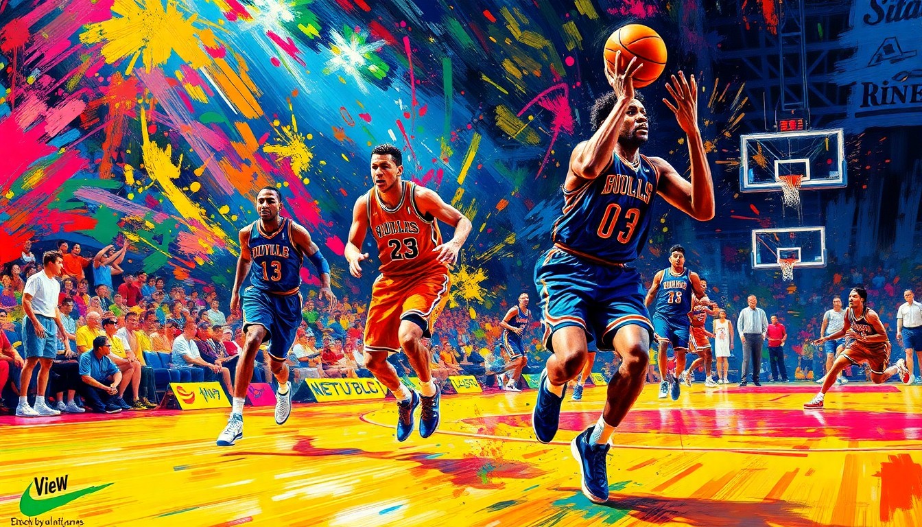 An abstract, expressionist painting in vibrant neon colors, capturing the dynamic energy and fluid movements of basketball players on the court, with their faces and jerseys blurred into unrecognizable splatters of paint.