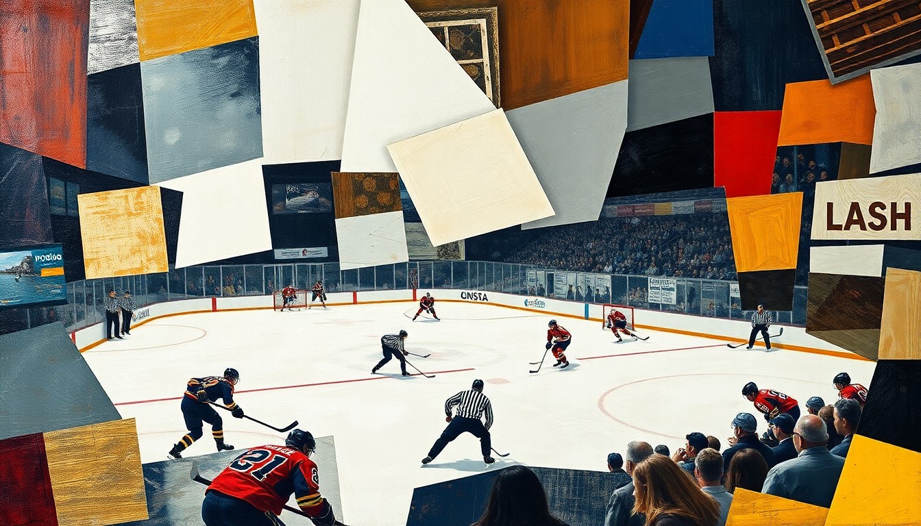 A cubist, geometric painting depicting a hockey game broken down into sharp, overlapping planes of color, representing the complex factors behind Axel Lofgren's college commitment decision.