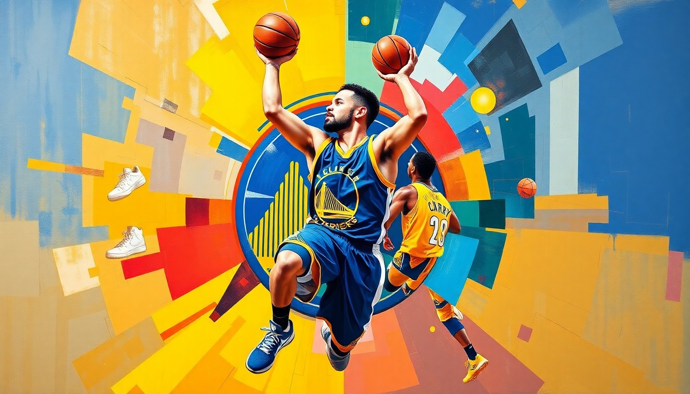 A cubist, geometric painting depicting Steph Curry's basketball movements and scoring achievements, with sharp, overlapping planes in the Warriors' team colors of blue, gold, and white.