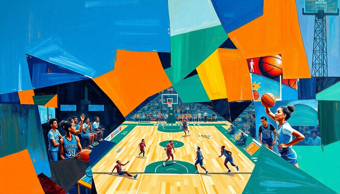 A cubist, geometric painting depicting a WNBA basketball game, with overlapping planes of color and shape representing the dynamic energy and strategic positioning of the Atlanta Dream's roster.