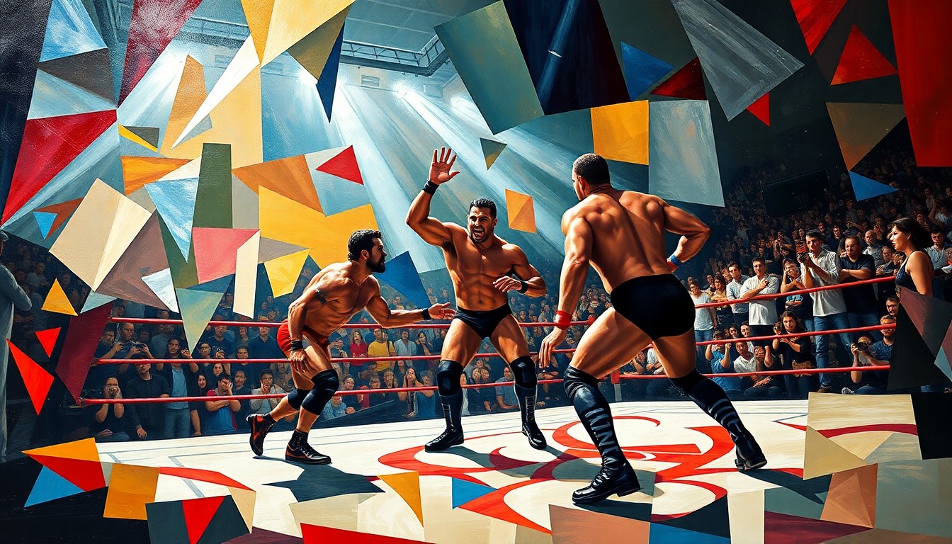 A fractured, geometric painting in bold colors depicting the chaotic energy of a WWE wrestling match, with the wrestlers' bodies and the ring environment broken down into abstract shapes and planes.