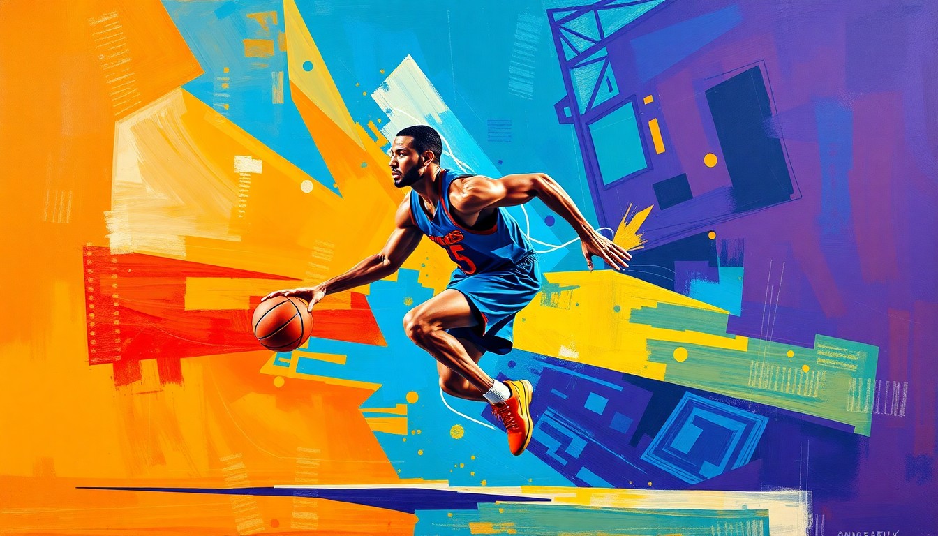 A fragmented, geometric painting depicting a basketball player in motion, with sharp, overlapping planes of color representing the physical and mental challenges of playing through injury.
