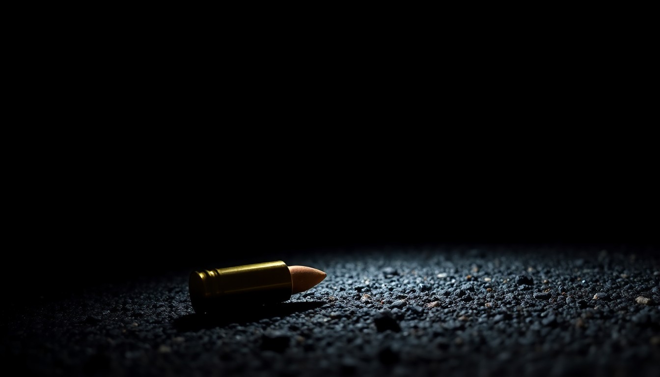 An extreme close-up photograph of a spent bullet casing on the asphalt, capturing the stark, gritty details of the crime scene without depicting any violence or victims.