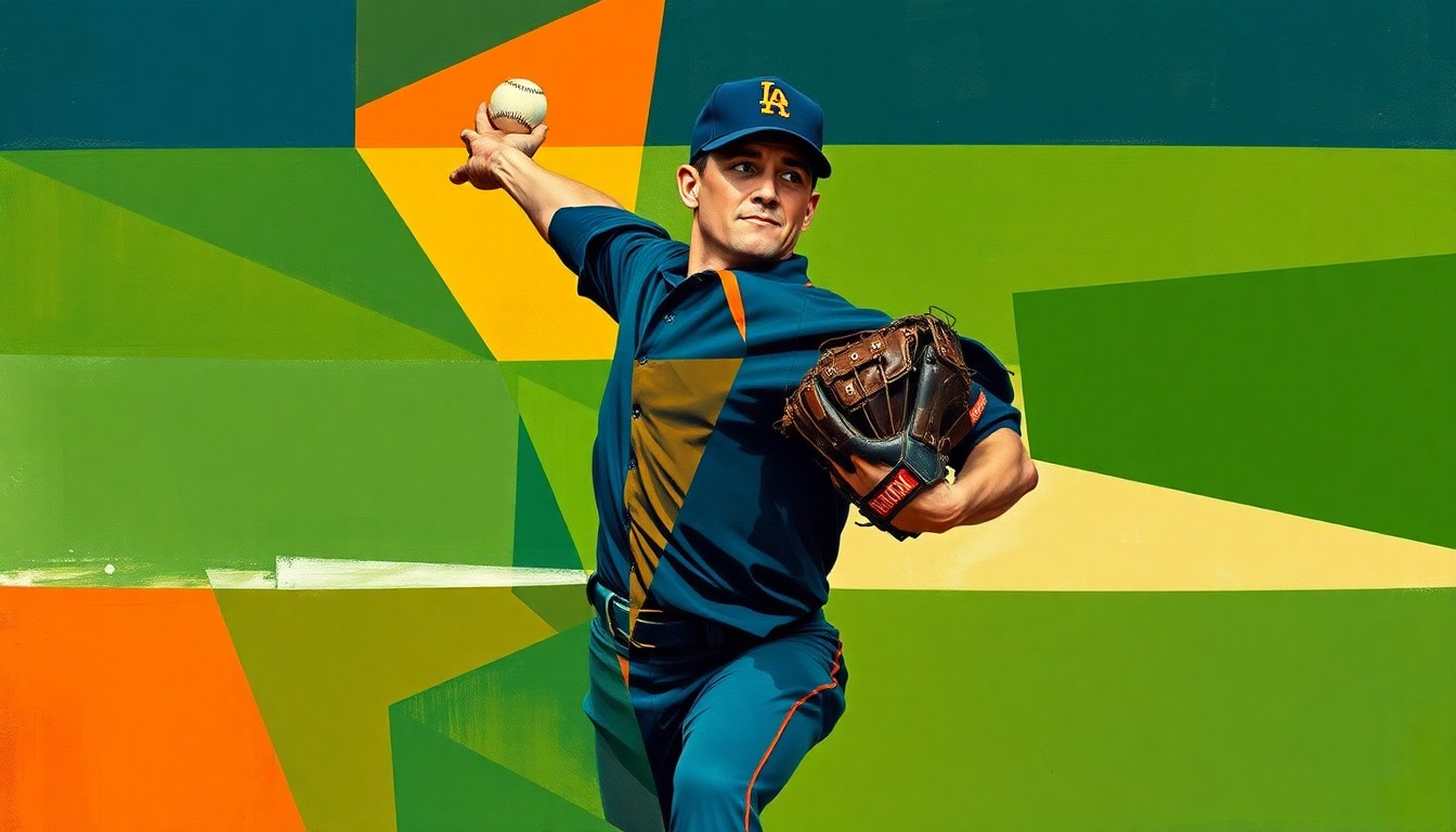A fractured, cubist-style painting depicting the geometric planes and angles of a baseball pitcher's windup and delivery, capturing the dynamic energy and strategic depth of the Rangers' starting rotation.