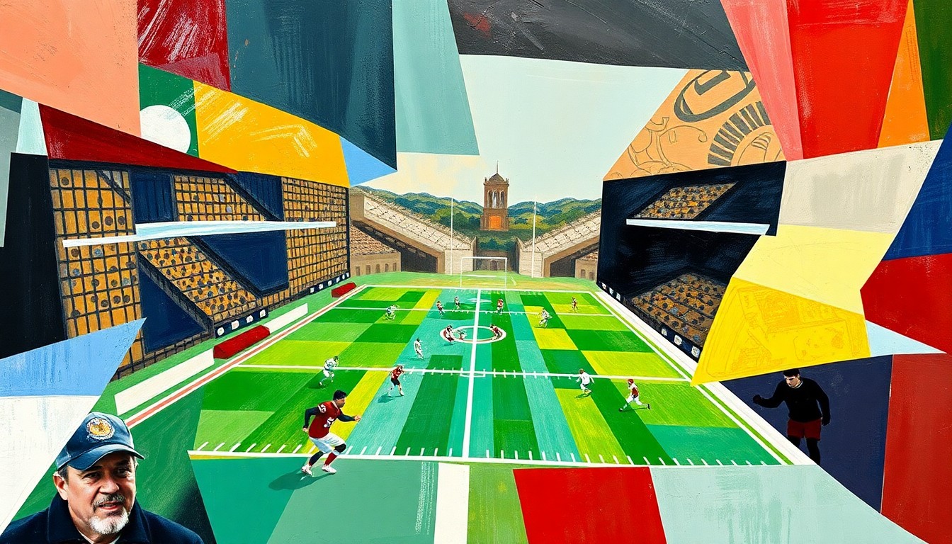 A cubist-style painting depicting a football game broken down into overlapping geometric shapes and planes, conveying the dynamic and unpredictable nature of the Jets' new defensive strategy.