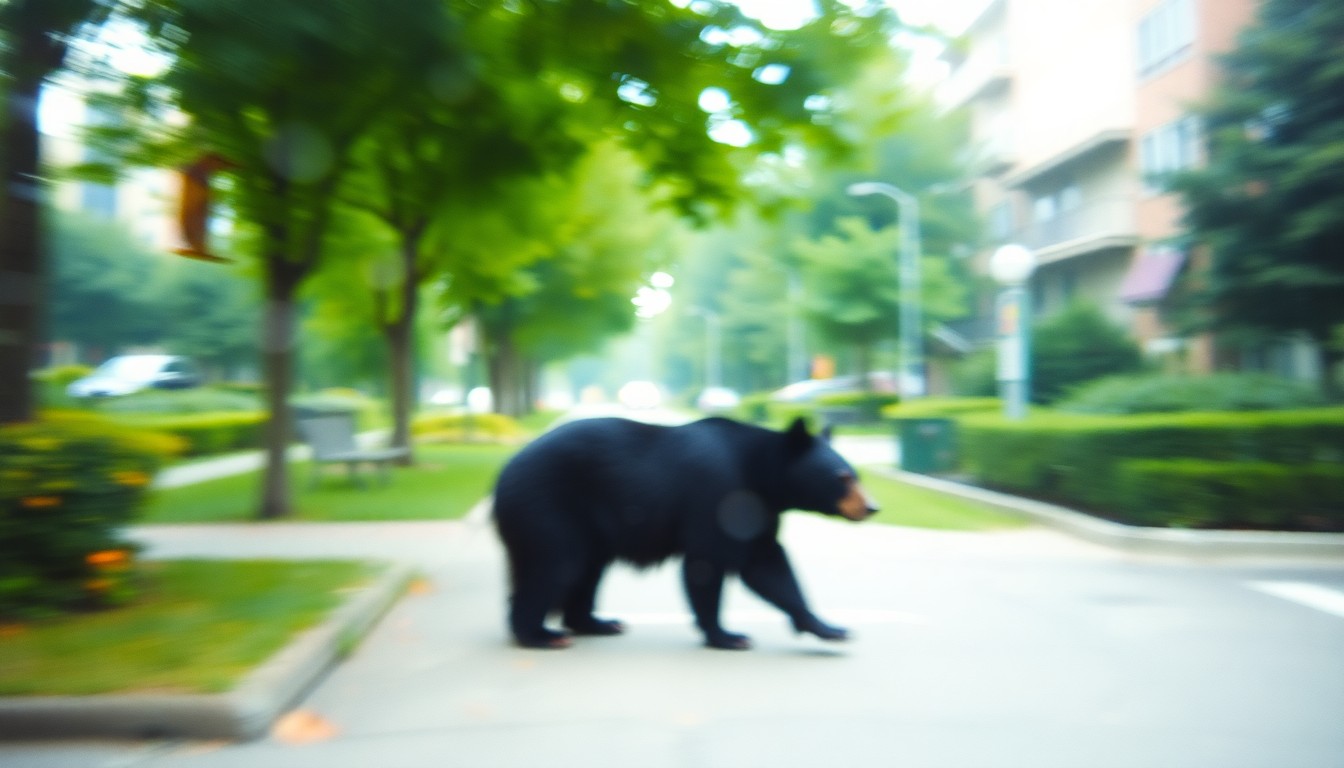 An abstract, impressionistic photograph depicting a blurry, out-of-focus black bear walking through a lush, green urban setting, conveying the sense of a chance encounter between nature and technology.