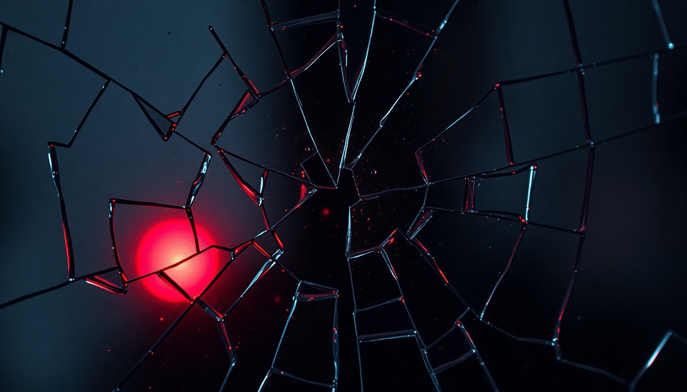 An extreme close-up of a shattered glass surface, reflecting a faint red light, conceptually representing the duality of public and private personas explored in Riz Ahmed's new series 'Bait'.