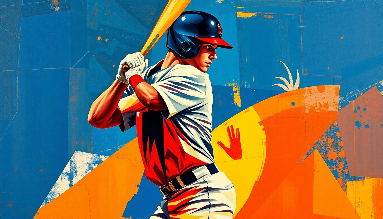 A cubist-style painting depicting a baseball player's batting stance and swing broken down into overlapping geometric shapes and planes in vibrant colors, conceptually representing the analytical approach Volpe is taking to improve his swing.