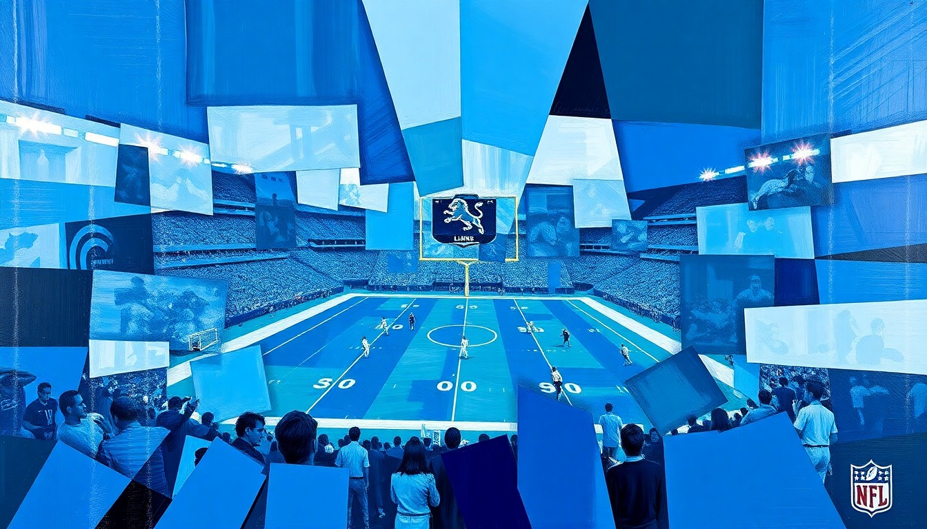 A cubist, geometric painting depicting a fragmented football field with players and equipment in shades of blue and silver, conceptually representing the multifaceted dynamics between the Detroit Lions organization and its retiring players.