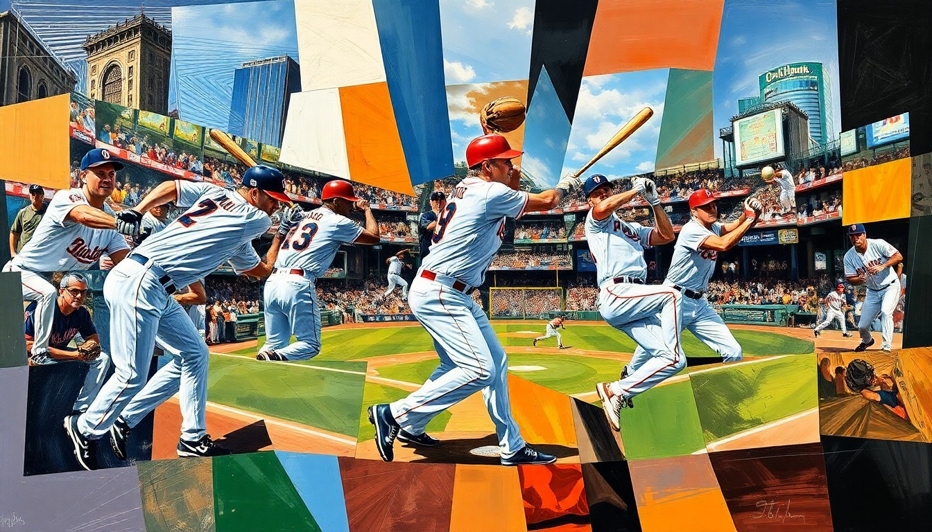 A cubist-style painting depicting fragmented, overlapping geometric shapes representing baseball players, equipment, and game action, conveying the disruption and uncertainty caused by these injuries.