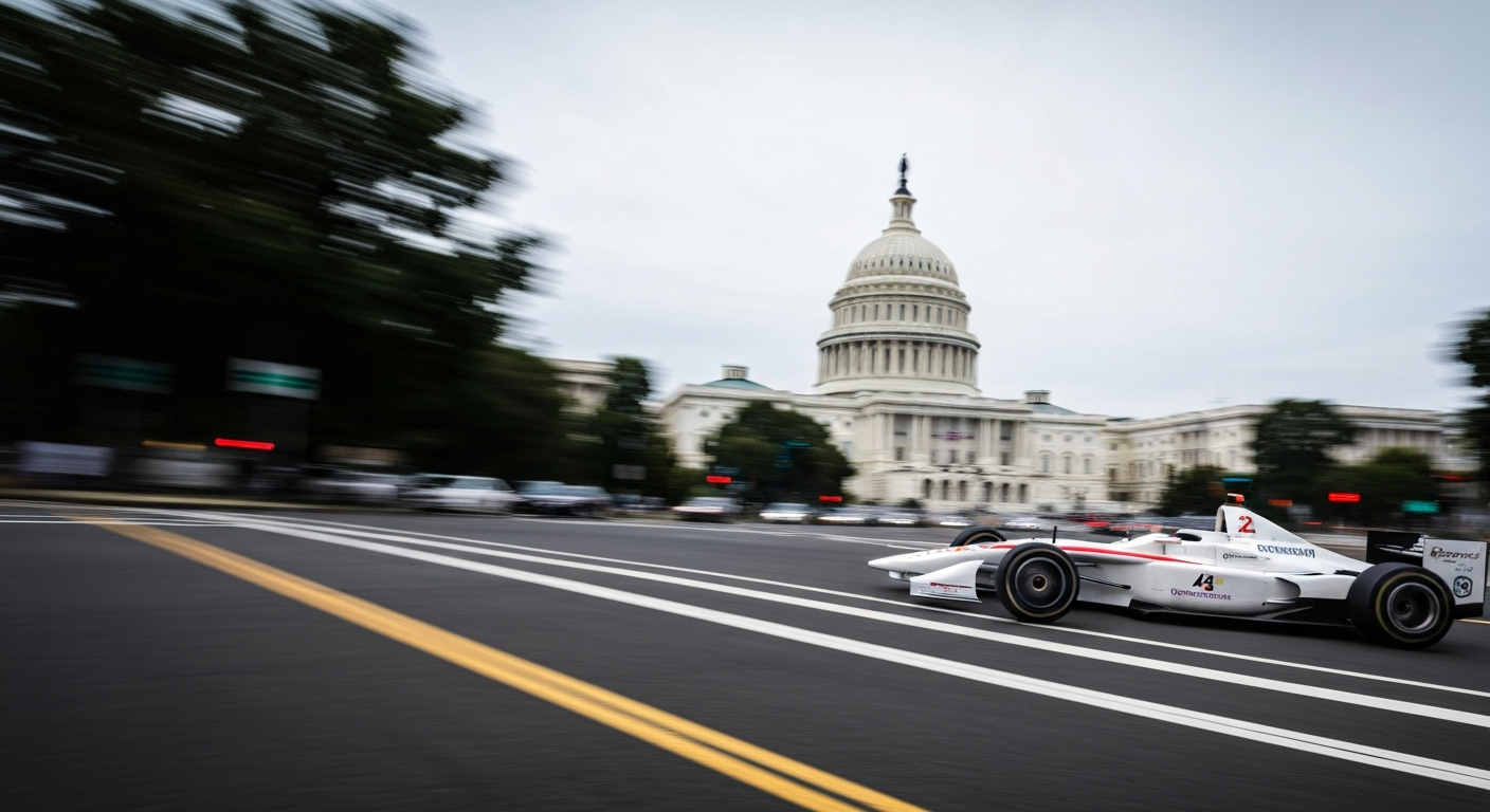 An abstract, blurred image of an INDYCAR racing through the streets of Washington, D.C., with the U.S. Capitol building in the background, conveying the dynamic motion and energy of the event.