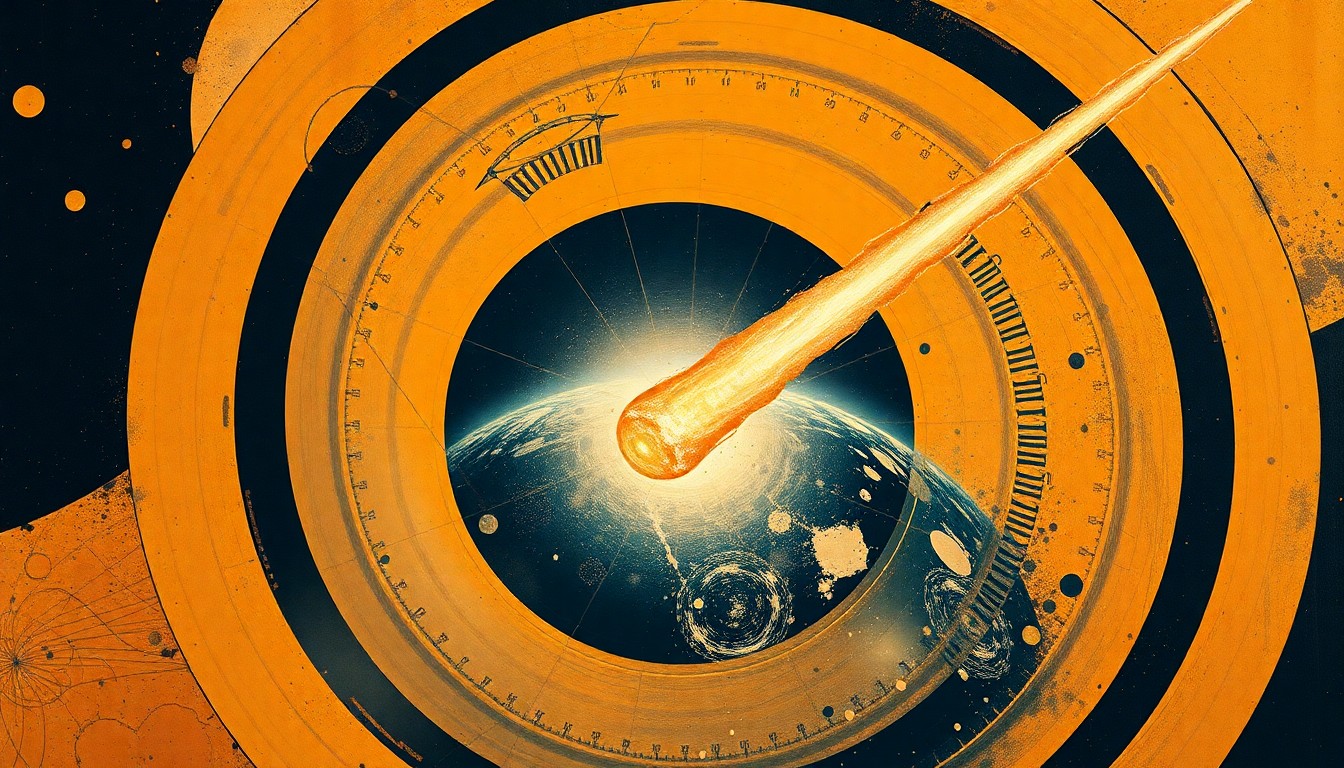 A highly structured abstract painting in soft, earthy tones depicting the powerful disintegration of a meteor, with sweeping geometric arcs, concentric circles, and precise botanical spirals conveying the structural order of the cosmos.