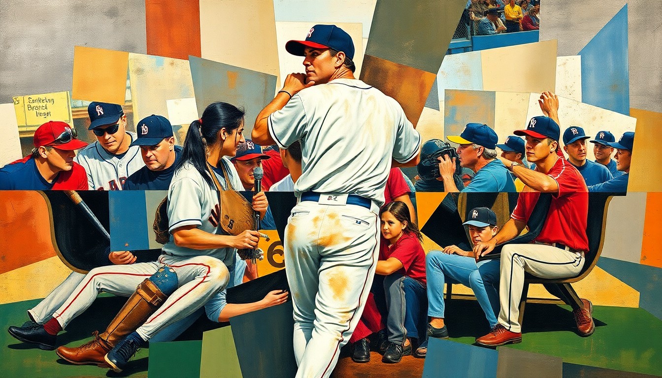 A fragmented, geometric painting depicting a baseball player's injured leg, surrounded by overlapping shapes and planes that represent the team's shifting dynamics and uncertain future.