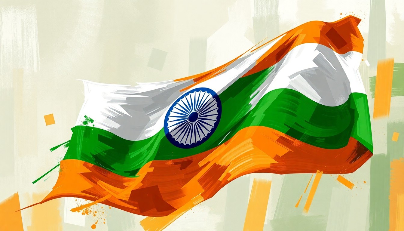 A dynamic, abstract painting featuring the Indian flag in a state of fragmentation, with overlapping, colorful brushstrokes conveying a sense of political tension and uncertainty.