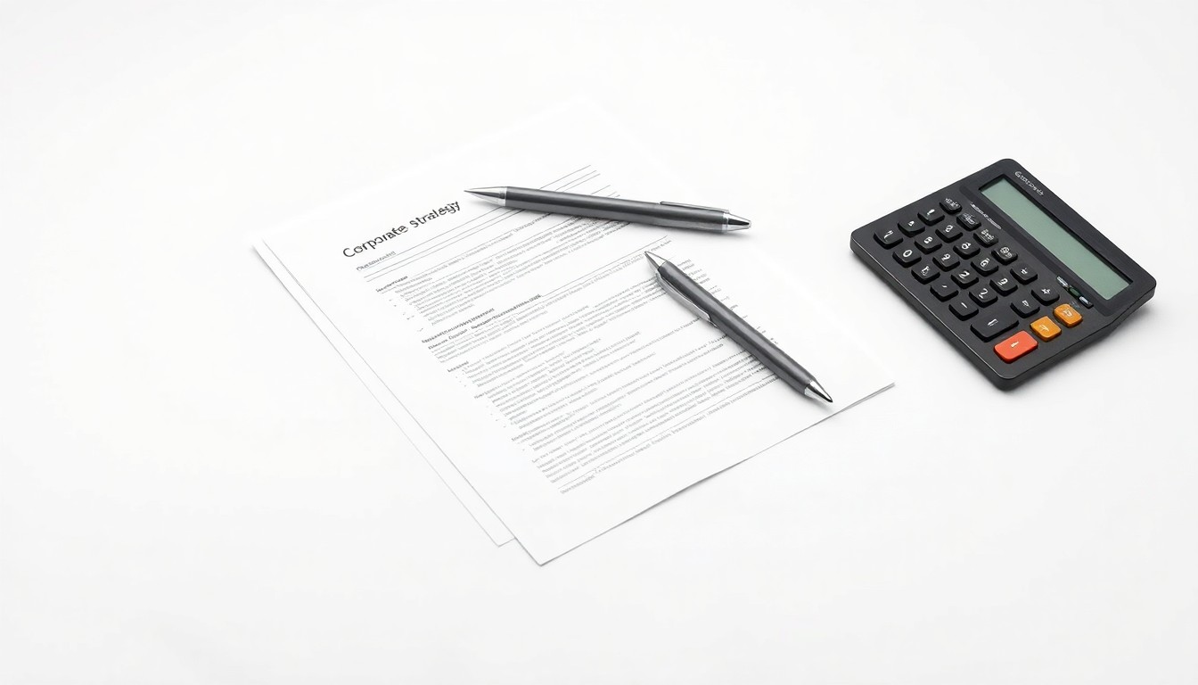 A minimalist studio still life photograph featuring a stack of financial documents, a pen, and a calculator arranged on a clean white background, conceptually representing the abstract ideas of corporate strategy, finance, and investment markets.